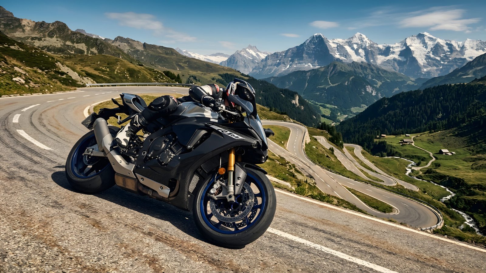 Yamaha YZF-R1M on a SweepingAlpine Pass Wallpaper (4K & 8K UHD) - pixora4k.com