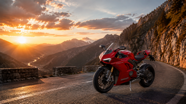 Red Ducati Panigale V4 Mountain Sunset 4K Wallpaper