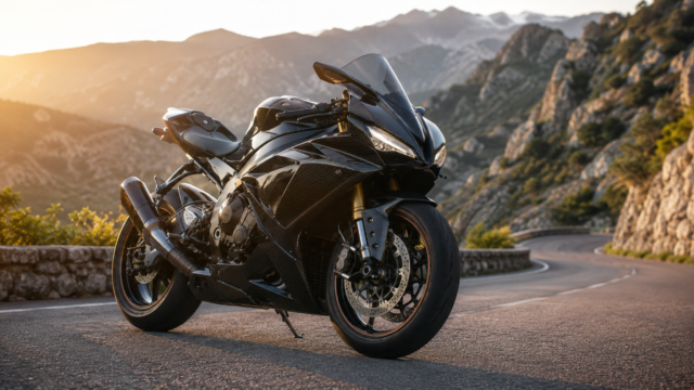 Black Sport Motorcycle Mountain Road Sunset 4K Wallpaper