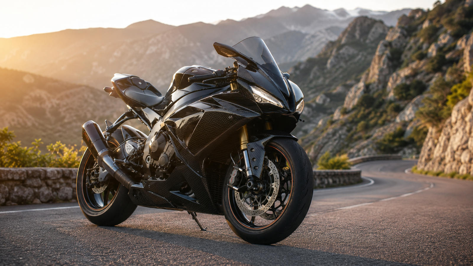 Black Sport Motorcycle Mountain Road Sunset 4K Wallpaper - pixora4k.com