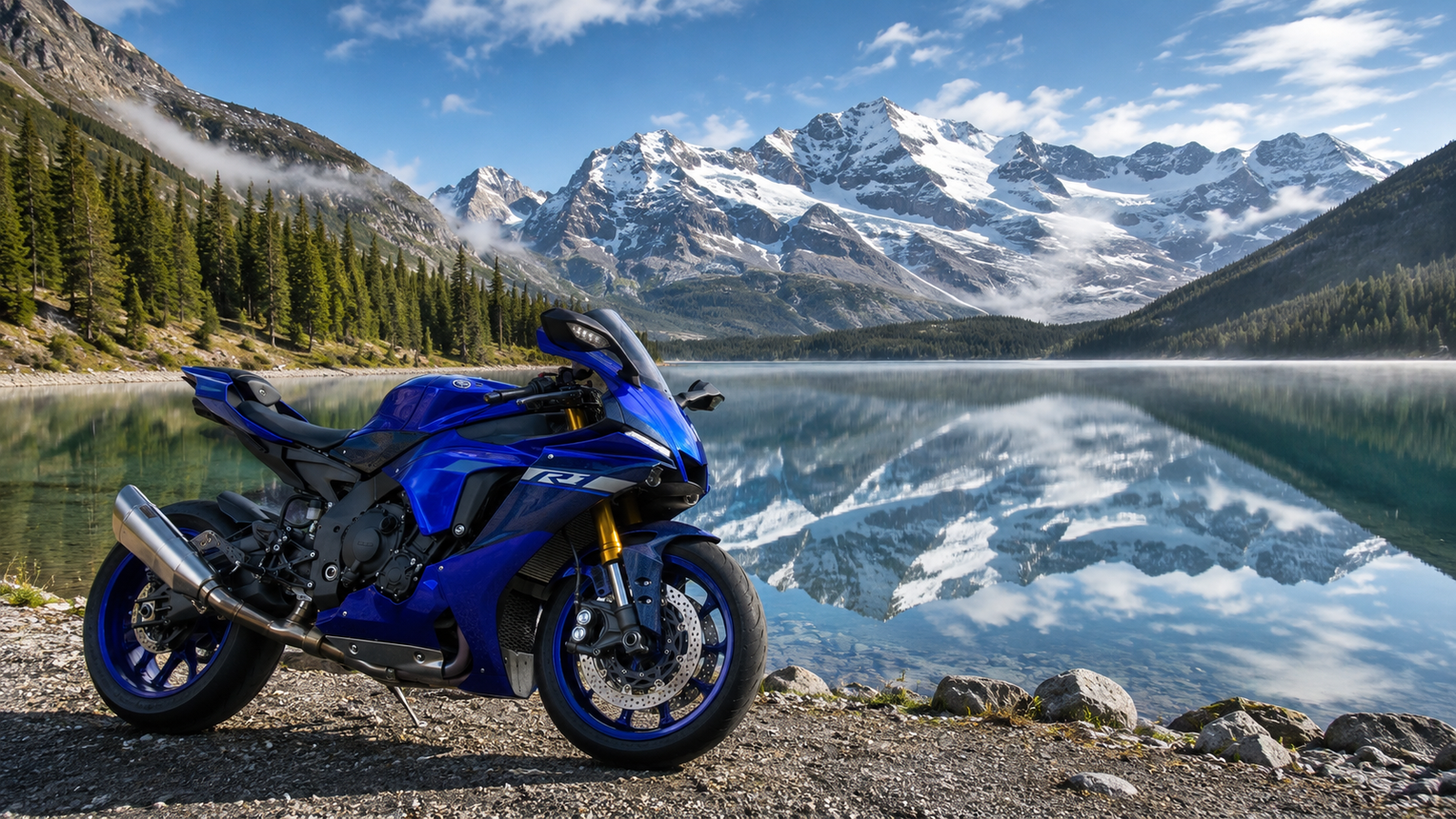 Blue Sport Motorcycle by Alpine Lake 4K Desktop Wallpaper - pixora4k.com