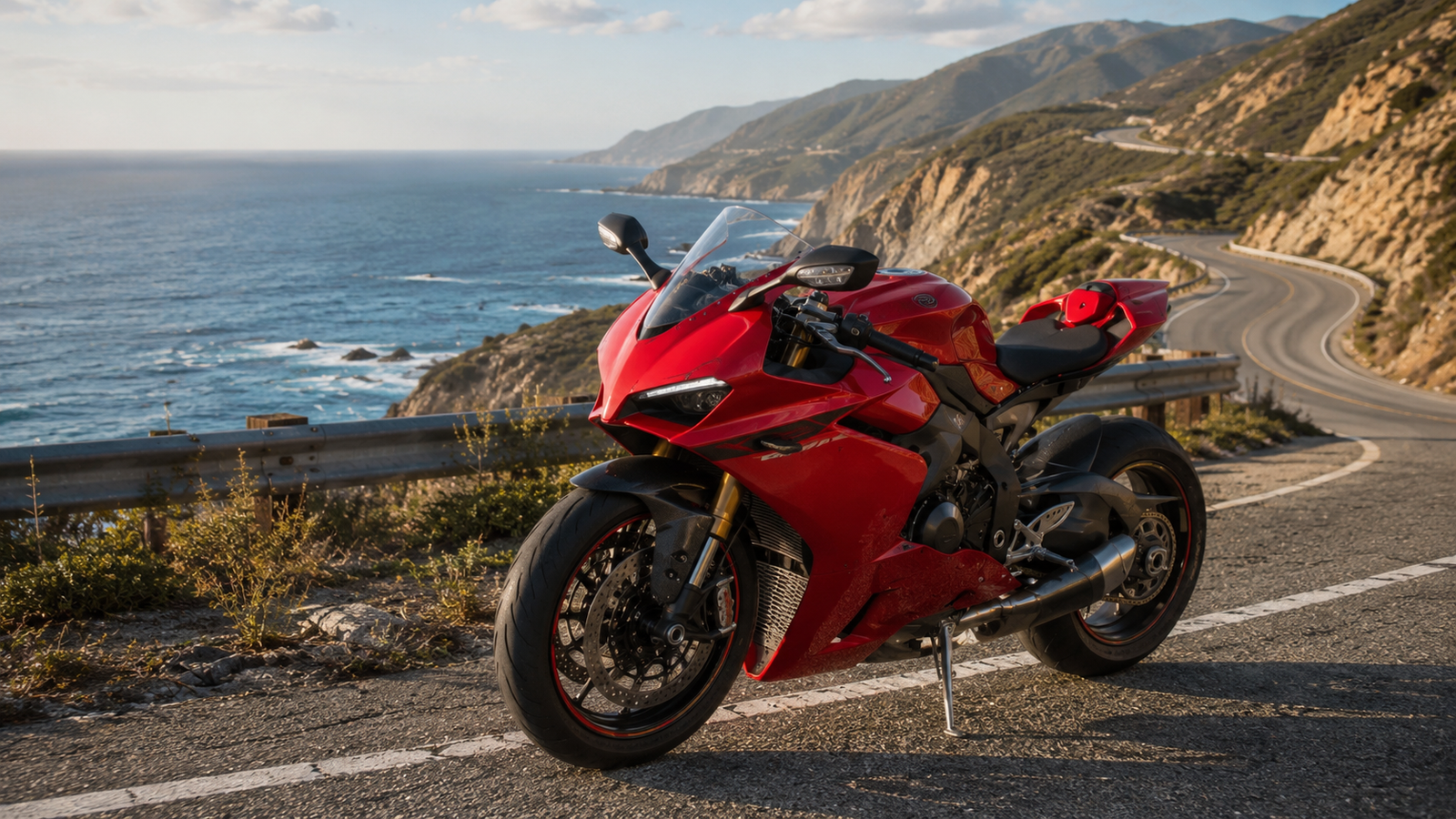 Red Sport Motorcycle Coastal Highway 4K Desktop Wallpaper - pixora4k.com