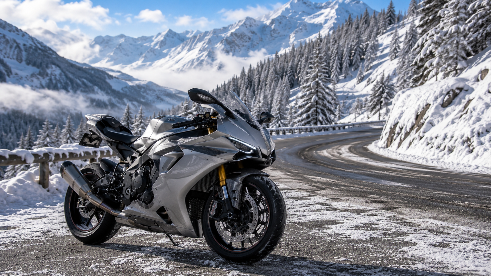 White Sport Motorcycle Snow Mountain Road 4K Wallpaper - pixora4k.com