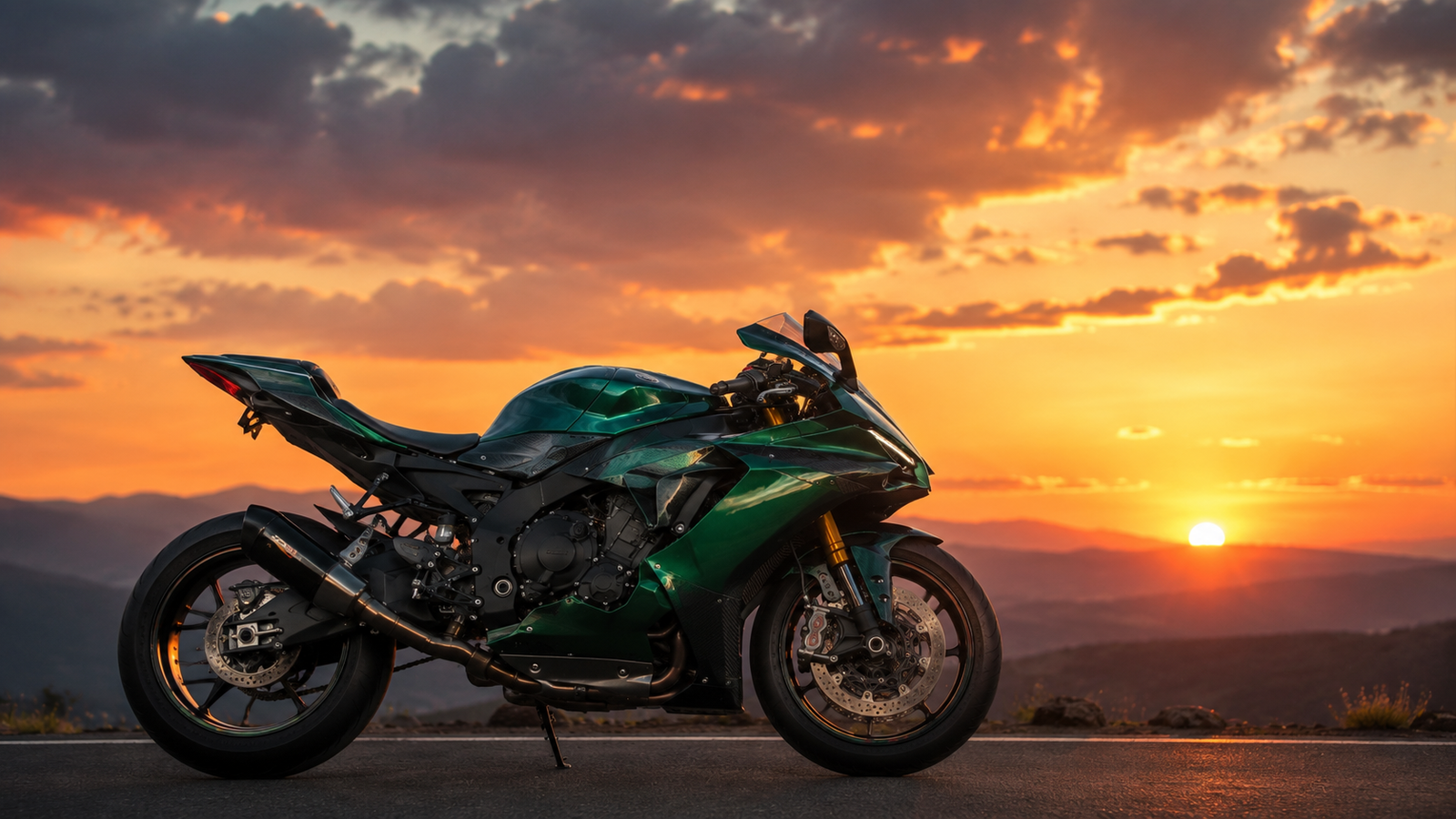 Green Sport Motorcycle Sunset Road 4K Desktop Wallpaper - pixora4k.com
