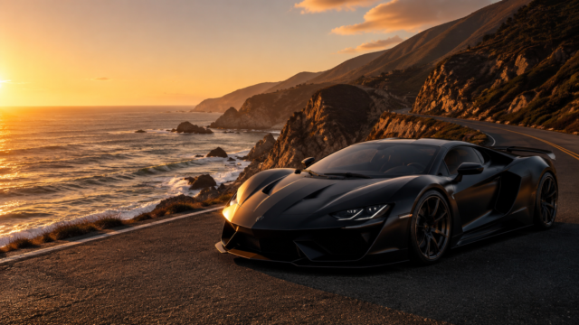 Black Supercar Sunset Coastal Road 4K Desktop Wallpaper 3840x2160 - Free Download
