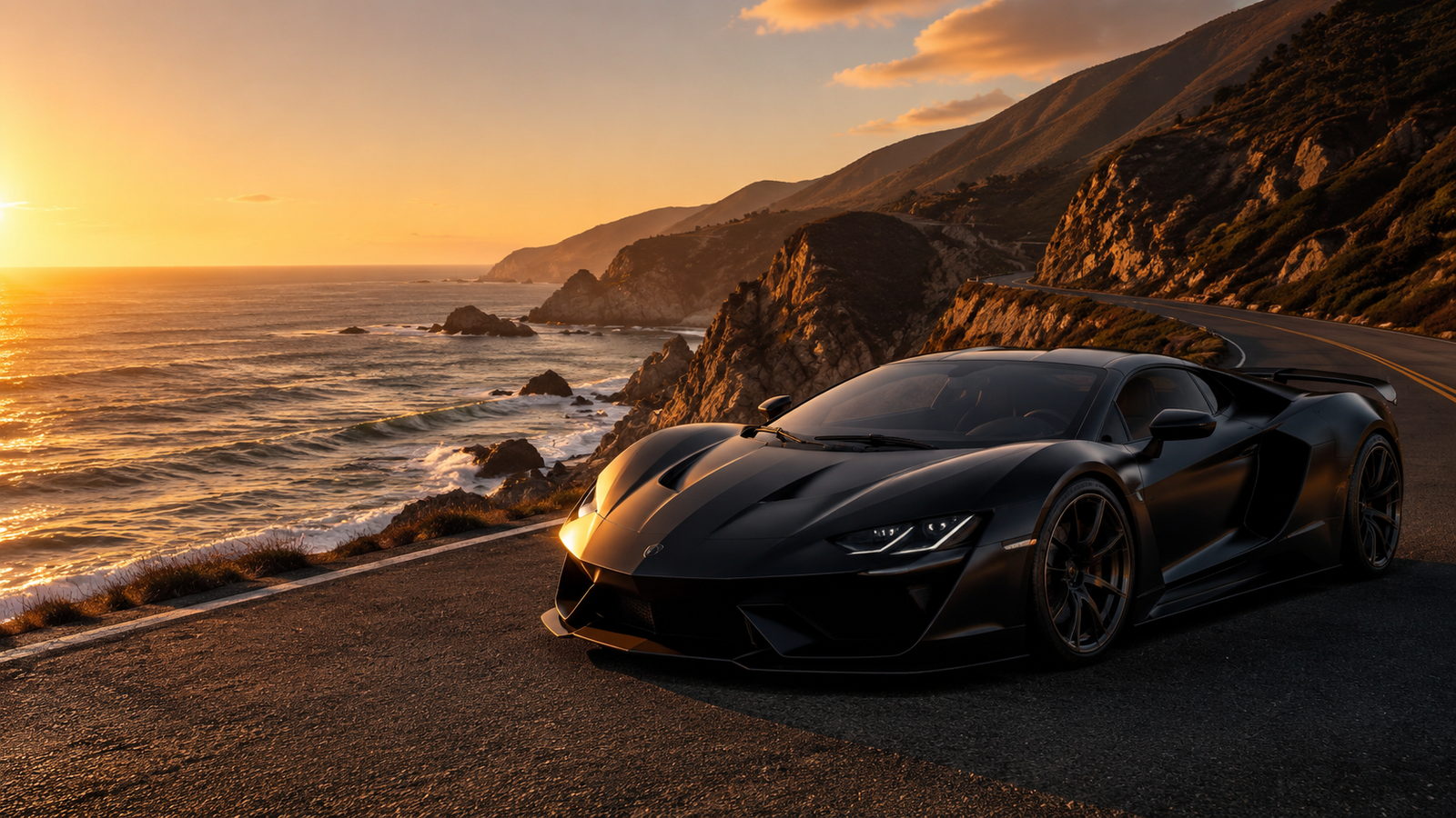 Black Supercar Sunset Coastal Road 4K Desktop Wallpaper - pixora4k.com