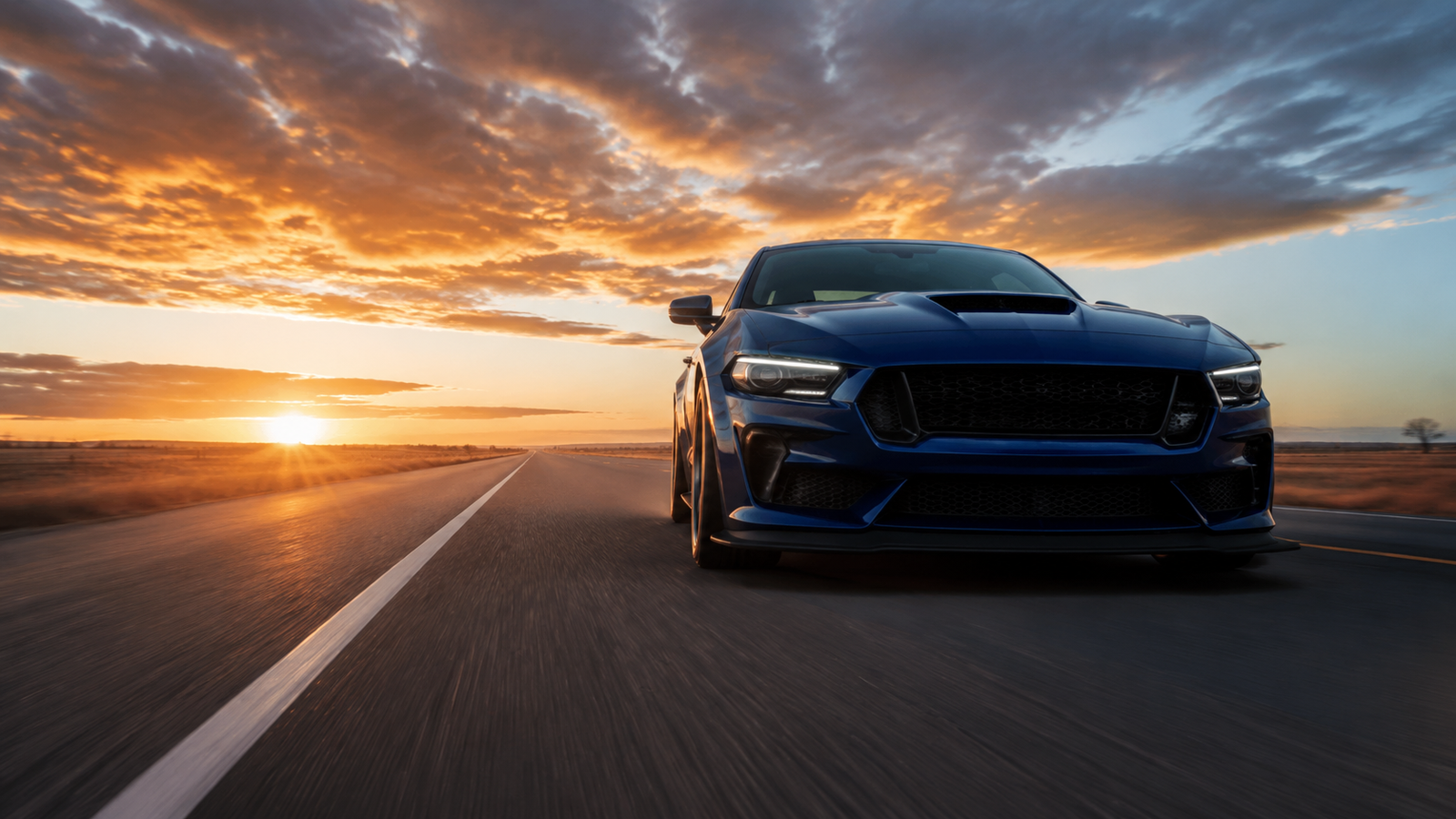 Blue Muscle Car Sunset Highway 4K Desktop Wallpaper - pixora4k.com