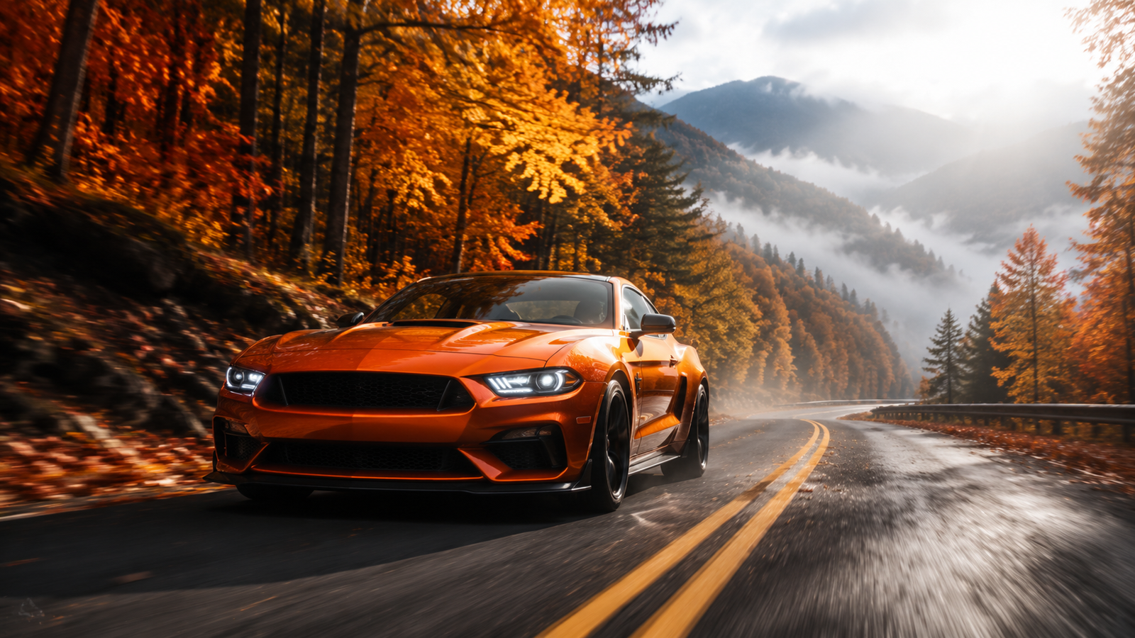 Orange Muscle Car Autumn Forest Road Desktop Wallpaper - pixora4k.com