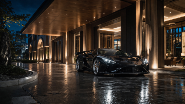 Black Luxury Supercar Outside Modern Hotel 4K Wallpaper 3840x2160 - Free Download