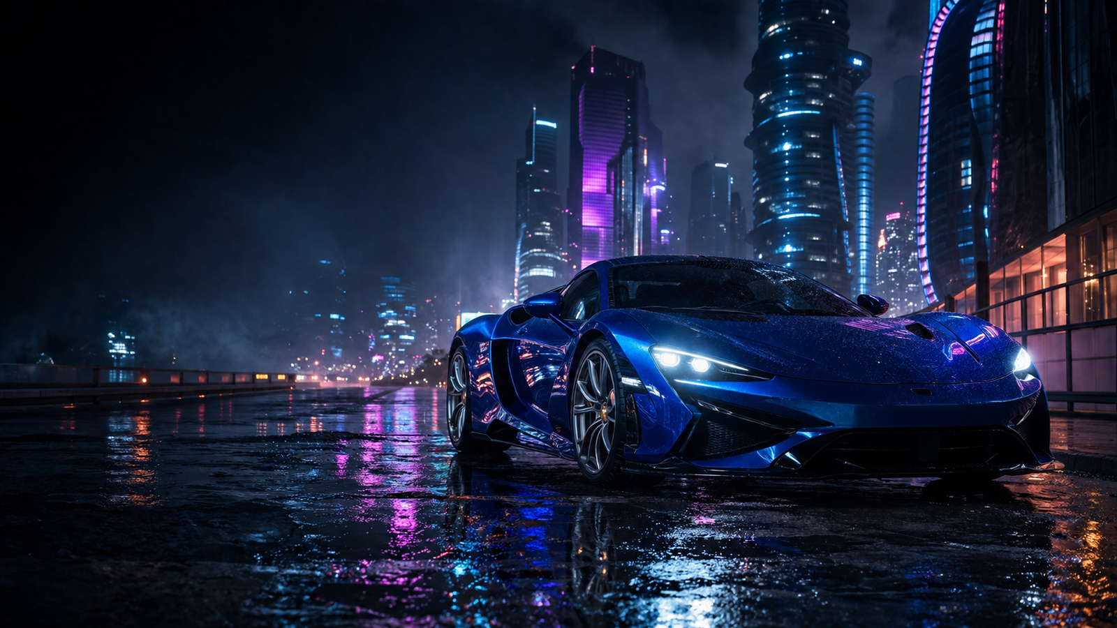 Blue Supercar in Neon City Rain 4K Desktop Wallpaper - pixora4k.com