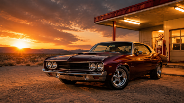 Classic Muscle Car Sunset Gas Station 4K Desktop Wallpaper 3840x2160 - Free Download