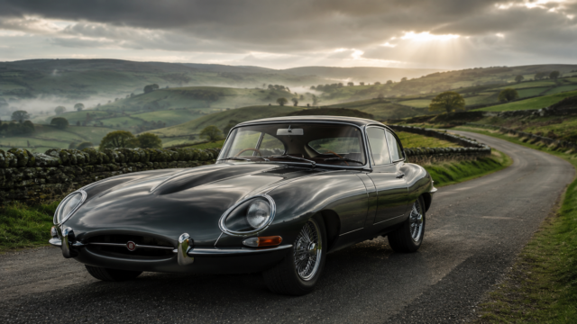 Classic Black Jaguar E-Type on Scenic Countryside Road | 8K Desktop Wallpaper 3840x2160 - Free Download
