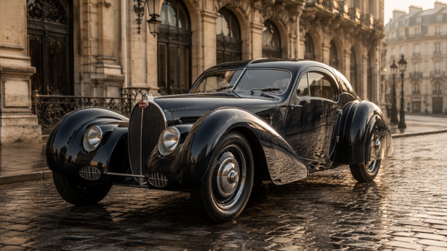 Classic Black Bugatti Type 57SC Atlantic | 8K Desktop Wallpaper 3840x2160 - Free Download