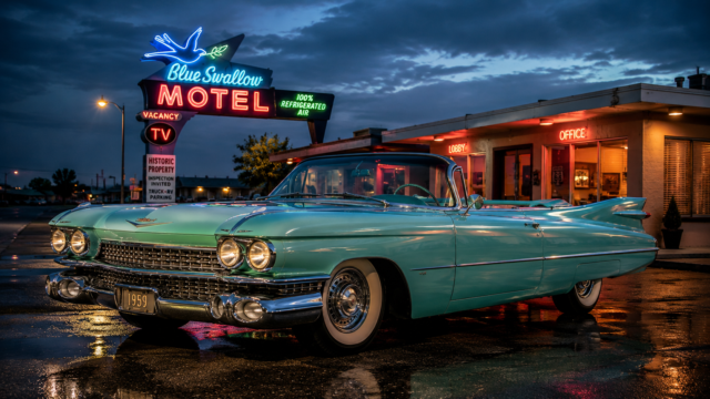 Vintage Cadillac at Blue Swallow Motel Night 4K Desktop Wallpaper 3840x2160 - Free Download