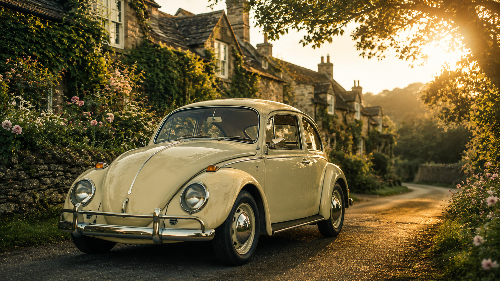 Classic Volkswagen Beetle Village Road 4K Desktop Wallpaper - pixora4k.com