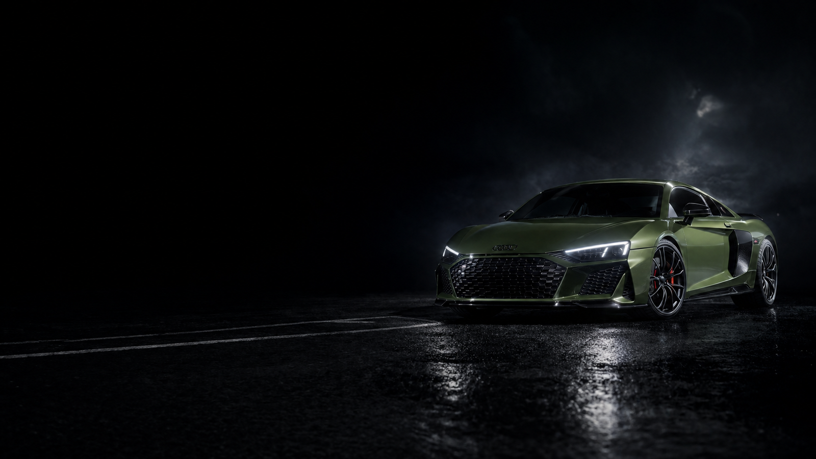 Green Audi R8 Night Rain 4K Desktop Wallpaper - pixora4k.com