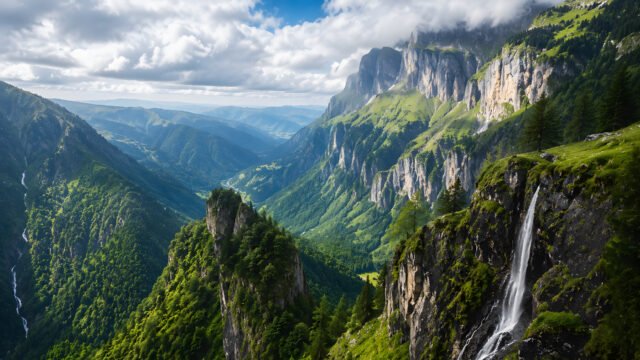 Emerald Highlands Mountain Waterfall 4K Wallpaper | Green Valley HD 3840x2160 - Free Download