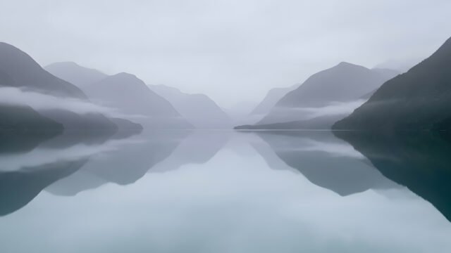 Foggy Fjord Misty Lake 4K Wallpaper | Moody Mountain Mirror HD 3840x2160 - Free Download