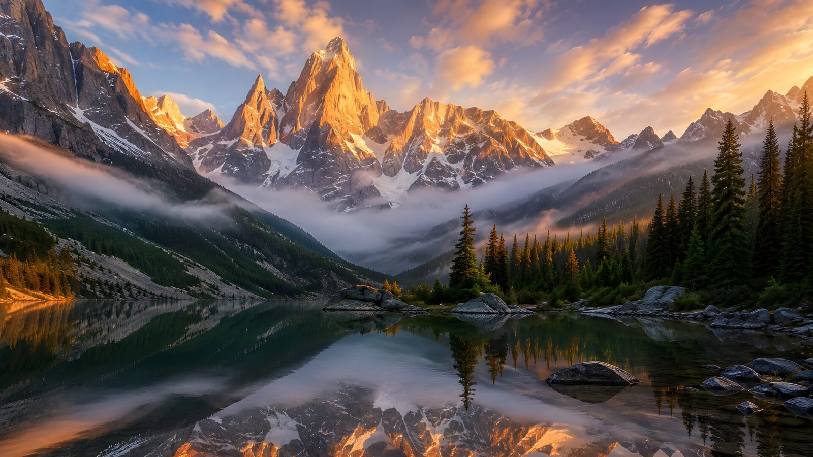 Golden Sunrise Mountain Peaks 4K Wallpaper | Majestic Lake HD - pixora4k.com