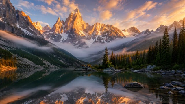 Golden Sunrise Mountain Peaks 4K Wallpaper | Majestic Lake HD 3840x2160 - Free Download