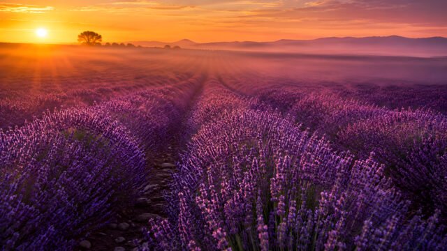 Lavender Field Sunrise 4K UHD Wallpaper | Purple Nature Landscape 3840x2160 - Free Download