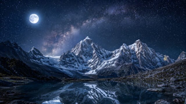 Moonlit Mountains Milky Way 4K Wallpaper | Night Sky HD 3840x2160 - Free Download