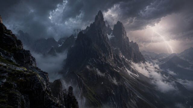 Lightning Storm Above Mountains 4K Wallpaper | Dark Nature HD 3840x2160 - Free Download
