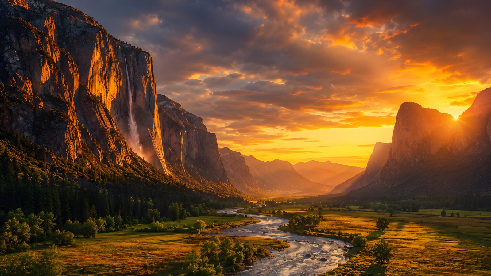 Sunset Mountain Valley 4K Wallpaper | Yosemite Waterfall HD - pixora4k.com