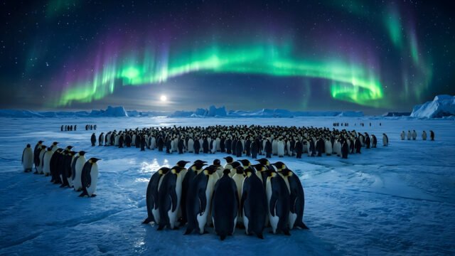 Emperor Penguins Aurora Borealis 4K Wallpaper | Antarctic HD 3840x2160 - Free Download