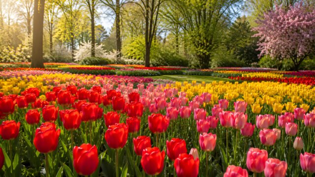 Tulip Garden Spring 4K UHD Wallpaper | Colorful Tulip Field Background 3840x2160 - Free Download