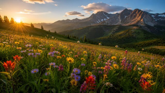 Wildflower Meadow Mountain Sunset 4K UHD Wallpaper | Nature Landscape 3840x2160 - Free Download