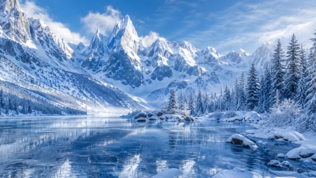 Winter Alpine Mountain Lake 4K Wallpaper | Frozen Nature HD 3840x2160 - Free Download
