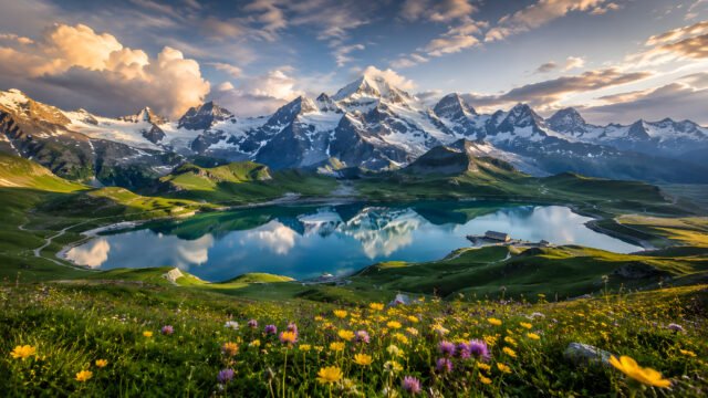 Alpine Mountain Lake 4K Wallpaper – Golden Hour Wildflowers 3840x2160 - Free Download