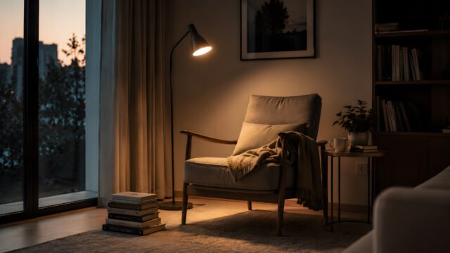 Cozy Reading Corner at Sunset – Warm Lifestyle 4K Wallpaper 3840x2160 - Free Download