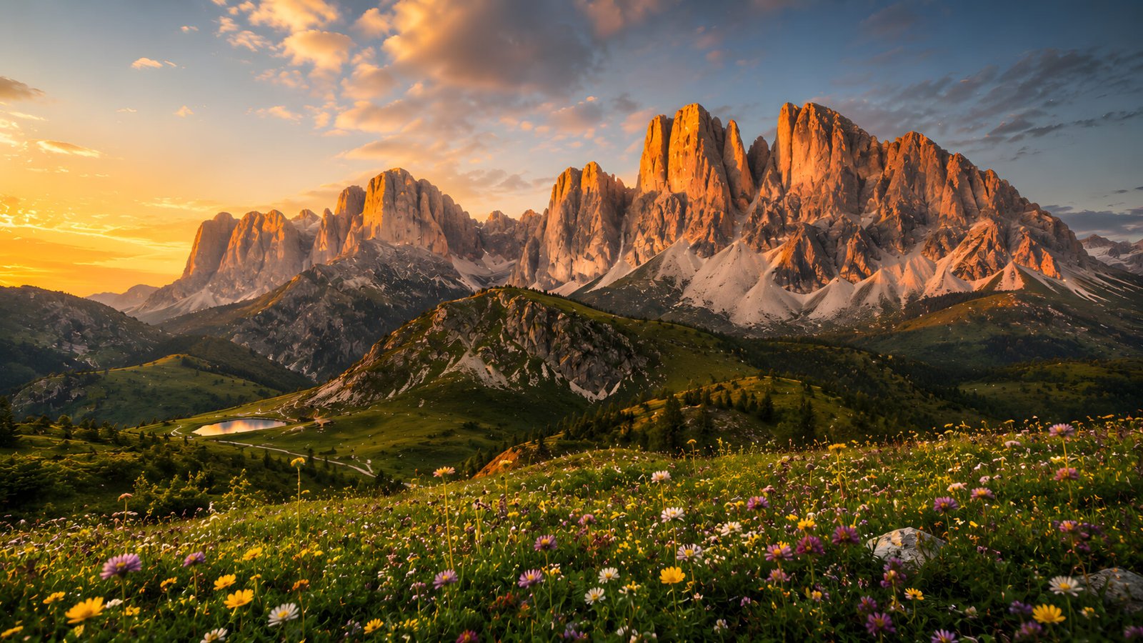 Golden Hour Mountain Meadow 4K Wallpaper – Wildflower Peaks - pixora4k.com