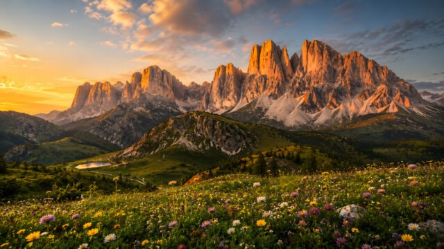 Golden Hour Mountain Meadow 4K Wallpaper – Wildflower Peaks 3840x2160 - Free Download