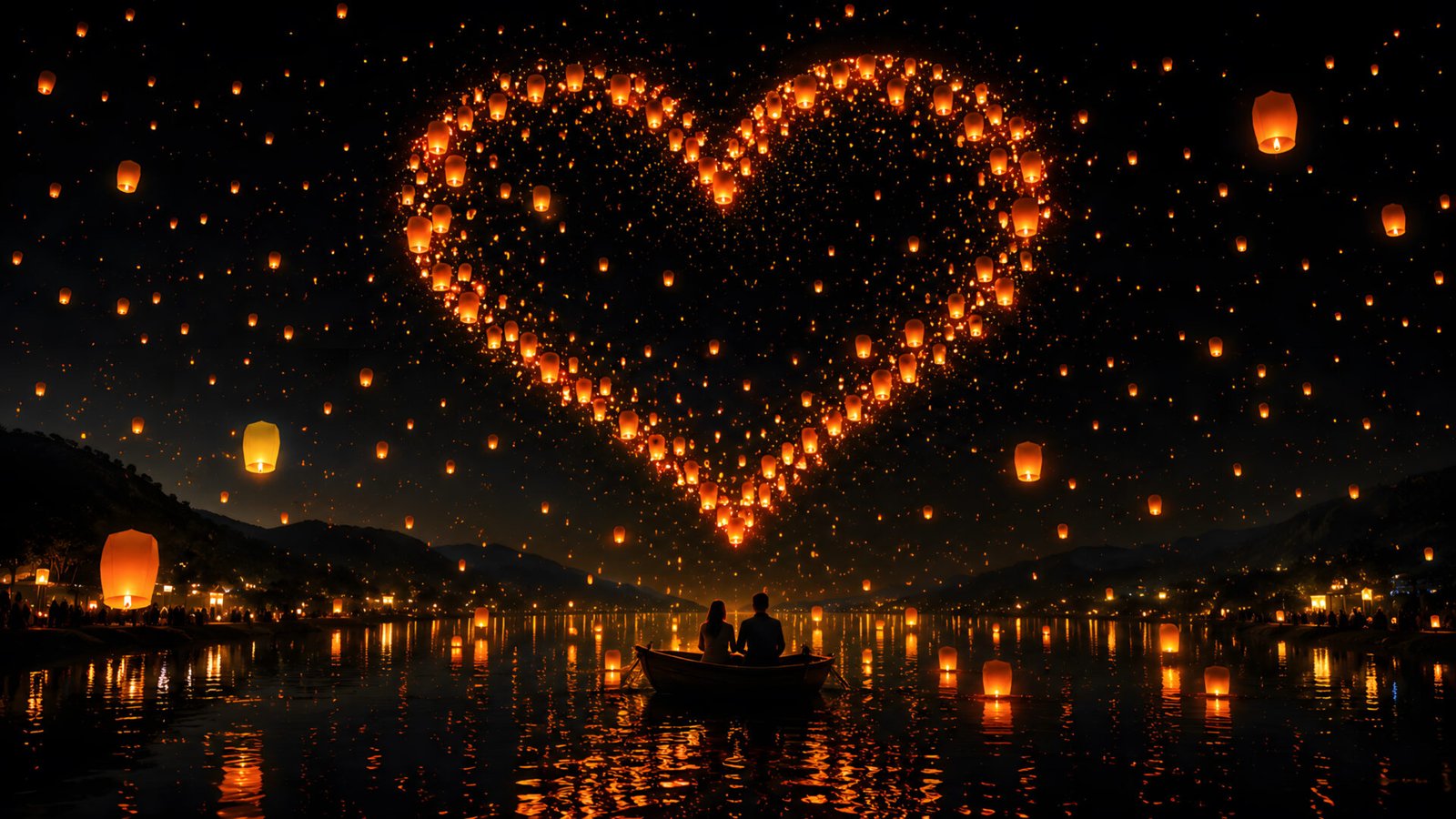 Heart Lantern Sky Wallpaper Over Romantic Lake Night 4K - pixora4k.com