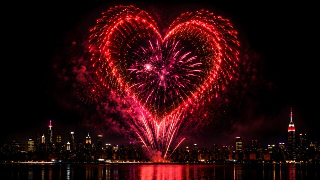 Heart Shaped Fireworks Over City Skyline Wallpaper 4K 3840x2160 - Free Download