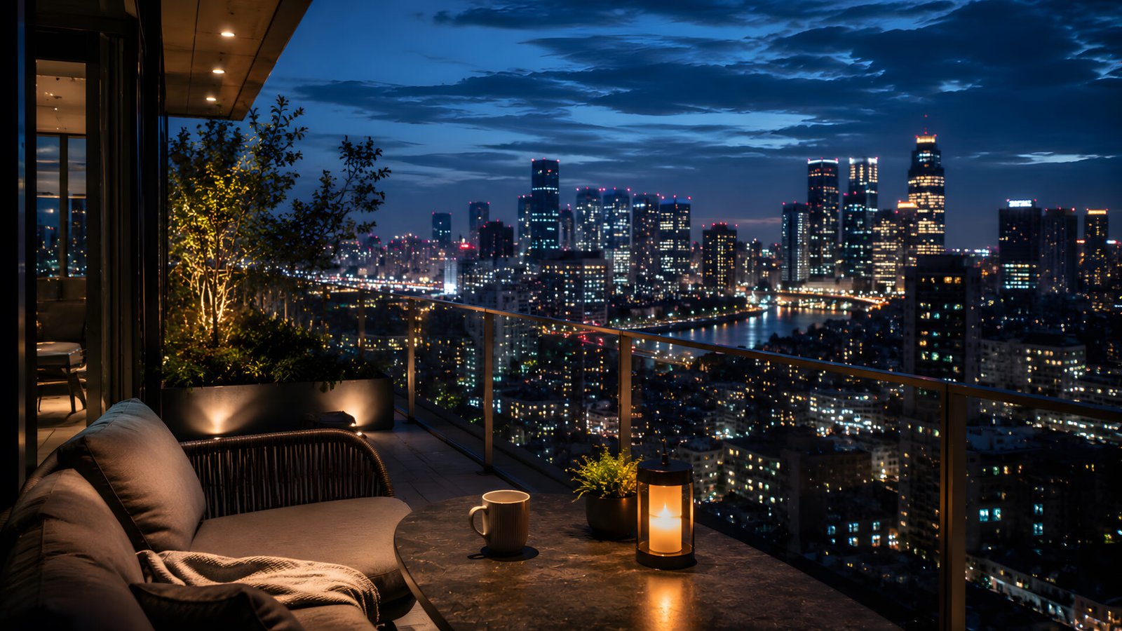 Luxury Balcony City Lights Night View 4K Wallpaper - pixora4k.com