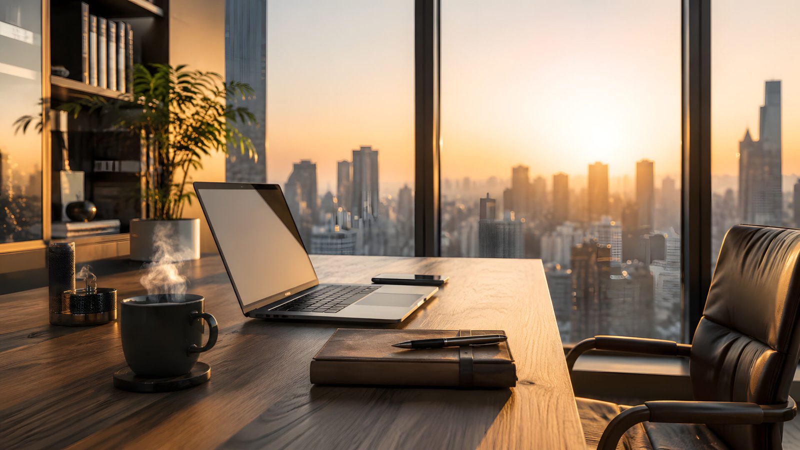 Luxury Home Office Workspace with City View 4K Wallpaper - pixora4k.com