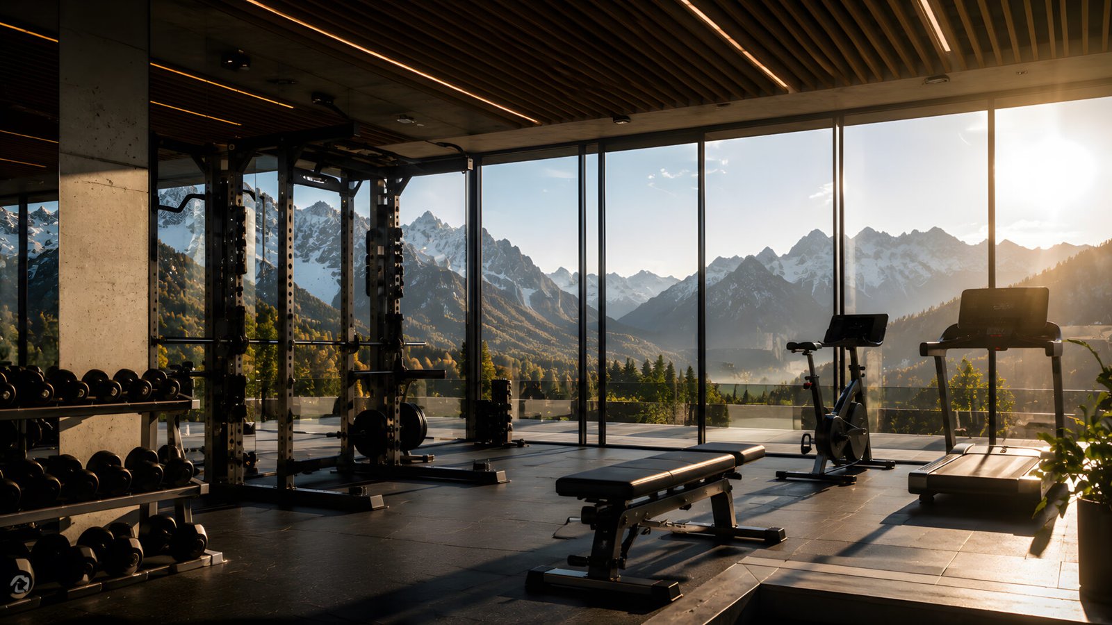 Luxury Mountain View Gym Interior 4K Lifestyle Wallpaper - pixora4k.com