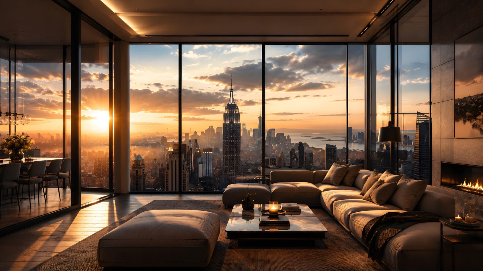 Luxury Penthouse Living Room 4K Wallpaper – City Skyline View - pixora4k.com