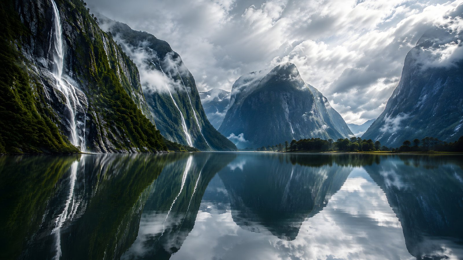 Misty Fjord Mountain 4K Wallpaper – Waterfall Reflection - pixora4k.com