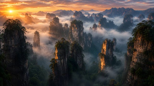 Misty Stone Pillars 4K Wallpaper – Golden Sunrise Peaks 3840x2160 - Free Download
