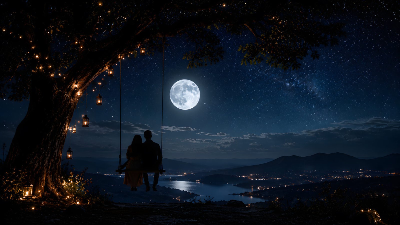 Moonlit Couple Swing Under Starry Sky Wallpaper 4K - pixora4k.com
