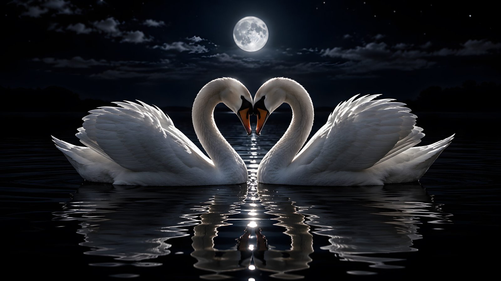 Moonlit Swan Heart Wallpaper on Romantic Lake 4K - pixora4k.com