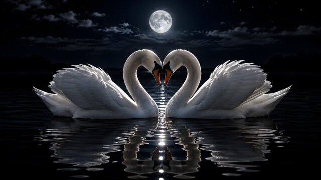 Moonlit Swan Heart Wallpaper on Romantic Lake 4K 3840x2160 - Free Download