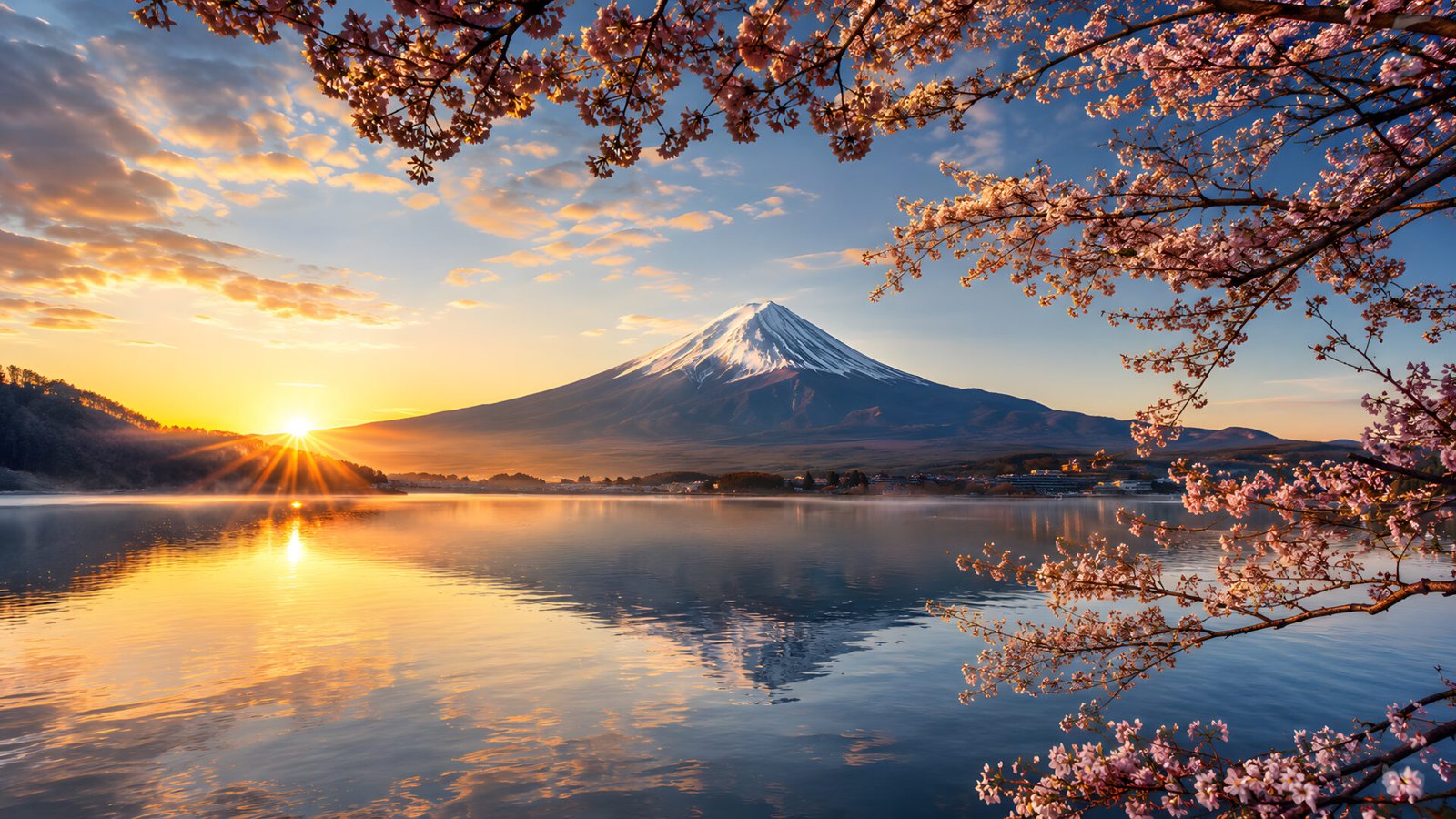 Mount Fuji Cherry Blossom 4K Wallpaper – Sunrise Lake Scenery - pixora4k.com