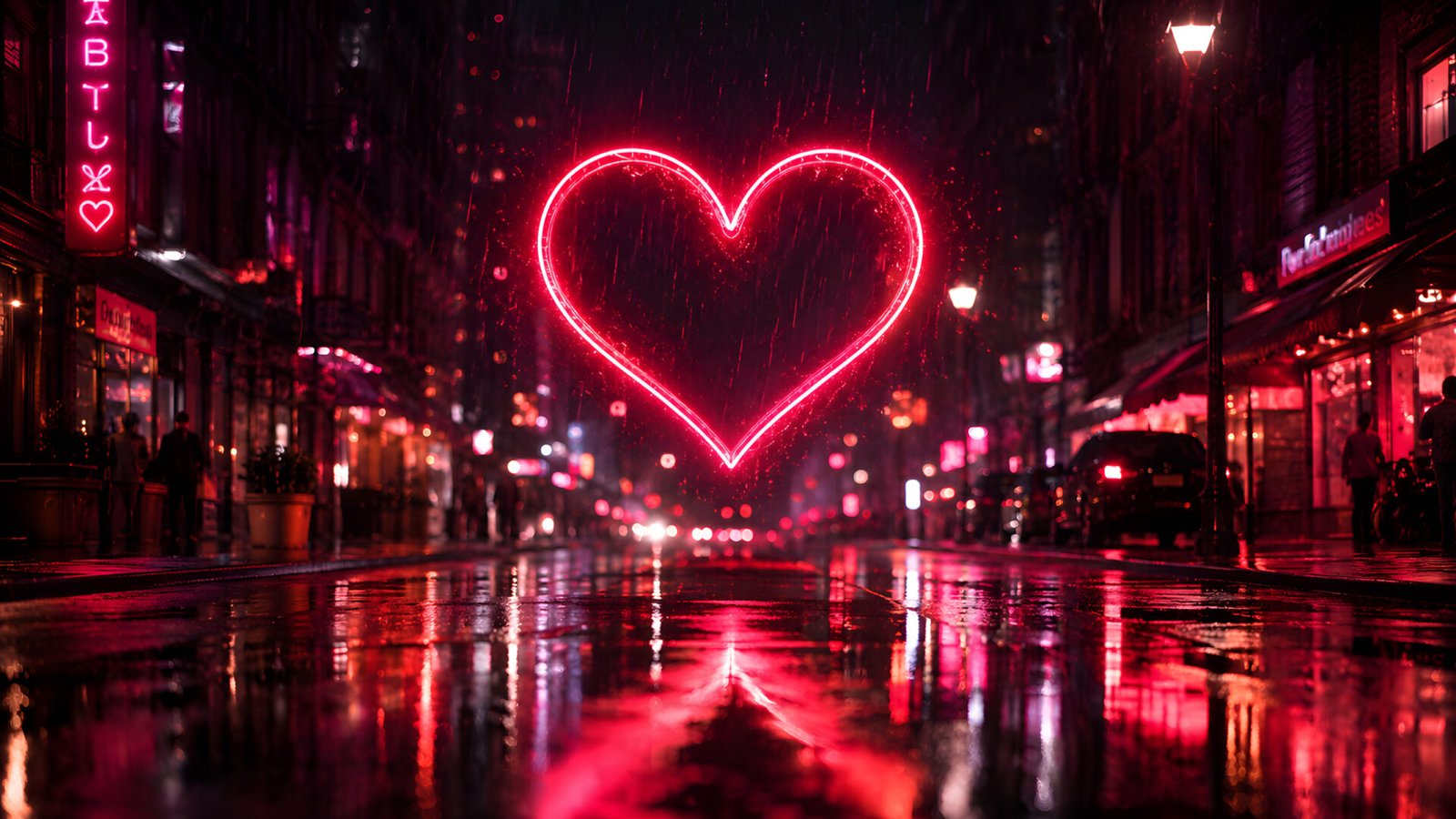 Neon Heart Rain Wallpaper in Glowing City Night 4K - pixora4k.com