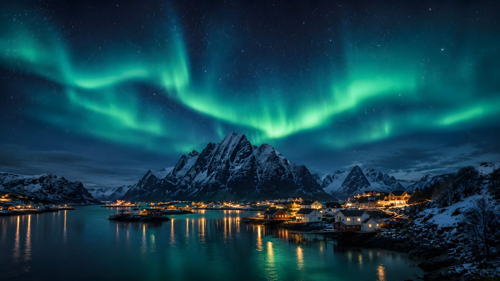 Northern Lights Over Coastal Village 4K Wallpaper - pixora4k.com